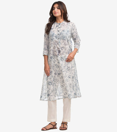 White Printed Cotton A-Line Kurta