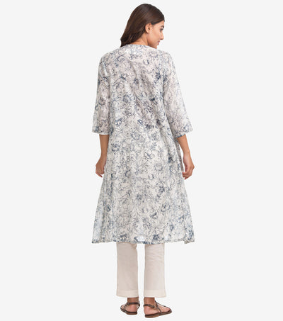 White Printed Cotton A-Line Kurta