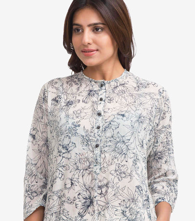 White Printed Cotton A-Line Kurta