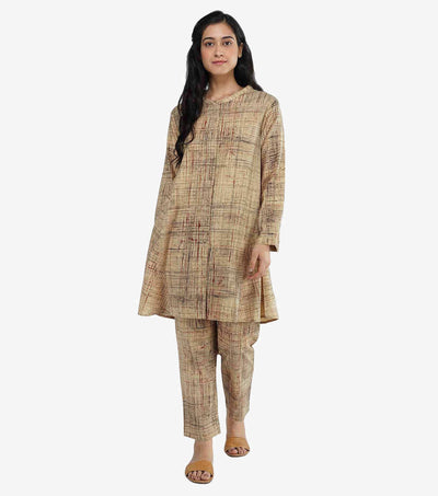 Beige Cotton Printed Kurta Set