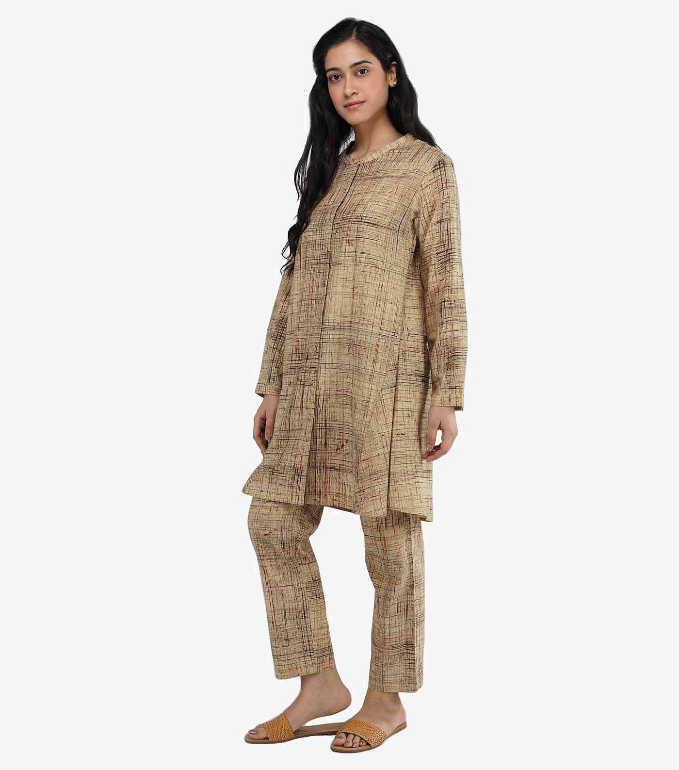 Beige Cotton Printed Kurta Set