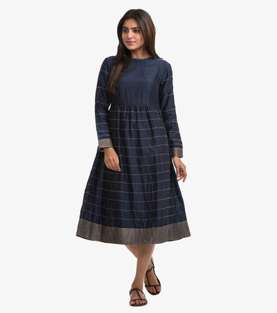 Navy blue embroidered flared dress