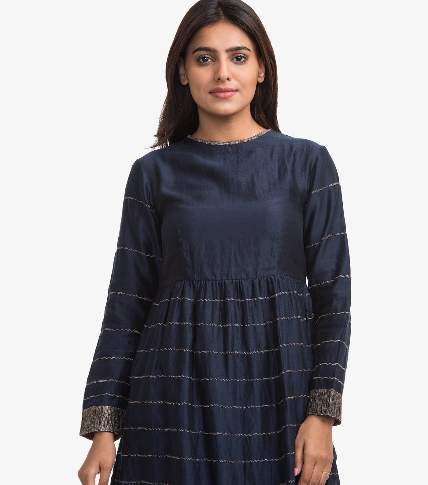Navy blue embroidered flared dress