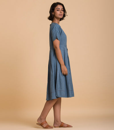 Blue solid cotton dress