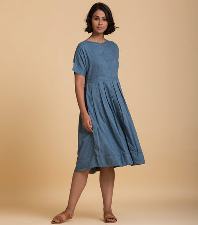 Blue solid cotton dress