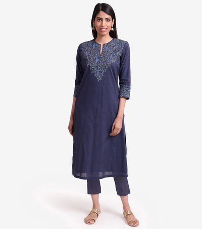 Blue Embroidered Cotton Kurta Set