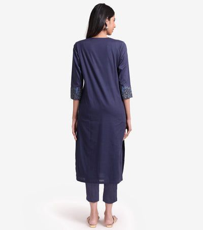 Blue Embroidered Cotton Kurta Set