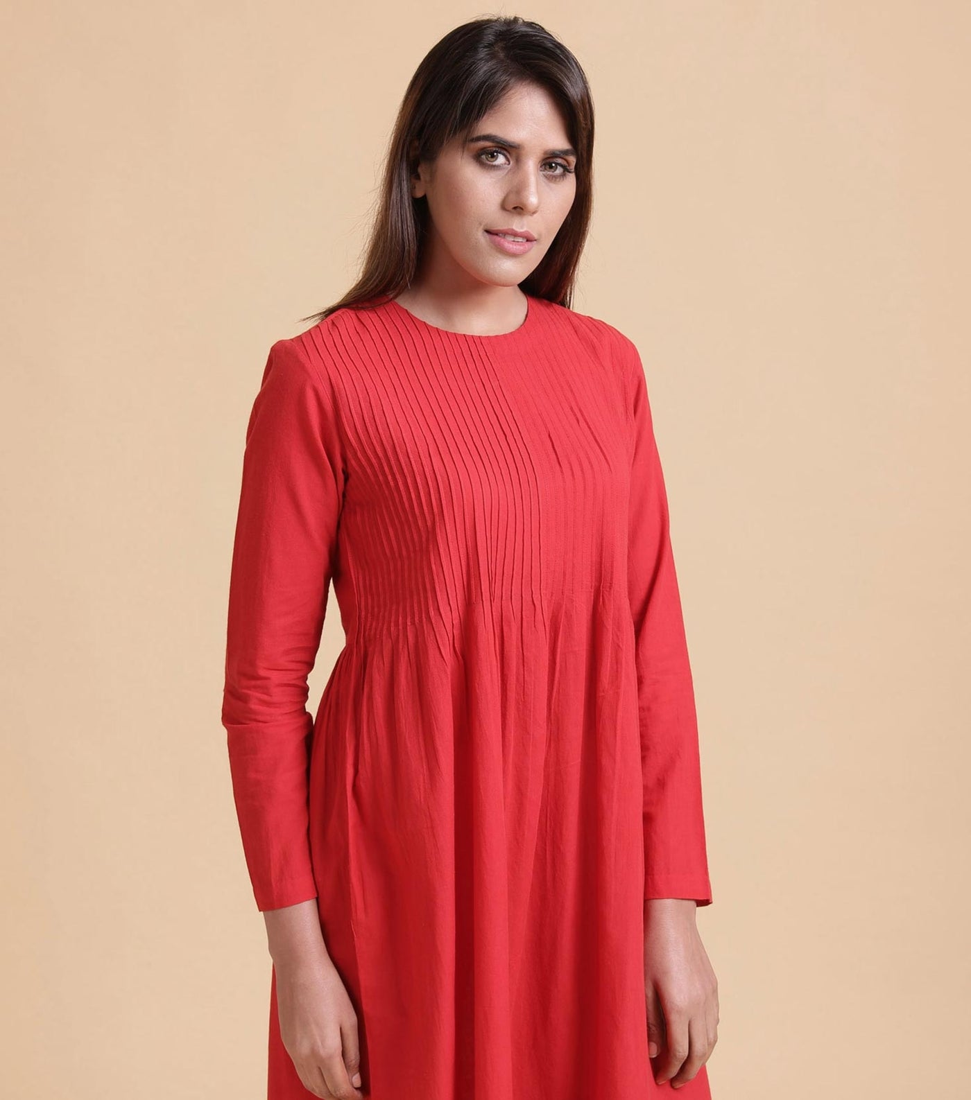 Red pleated cotton dress