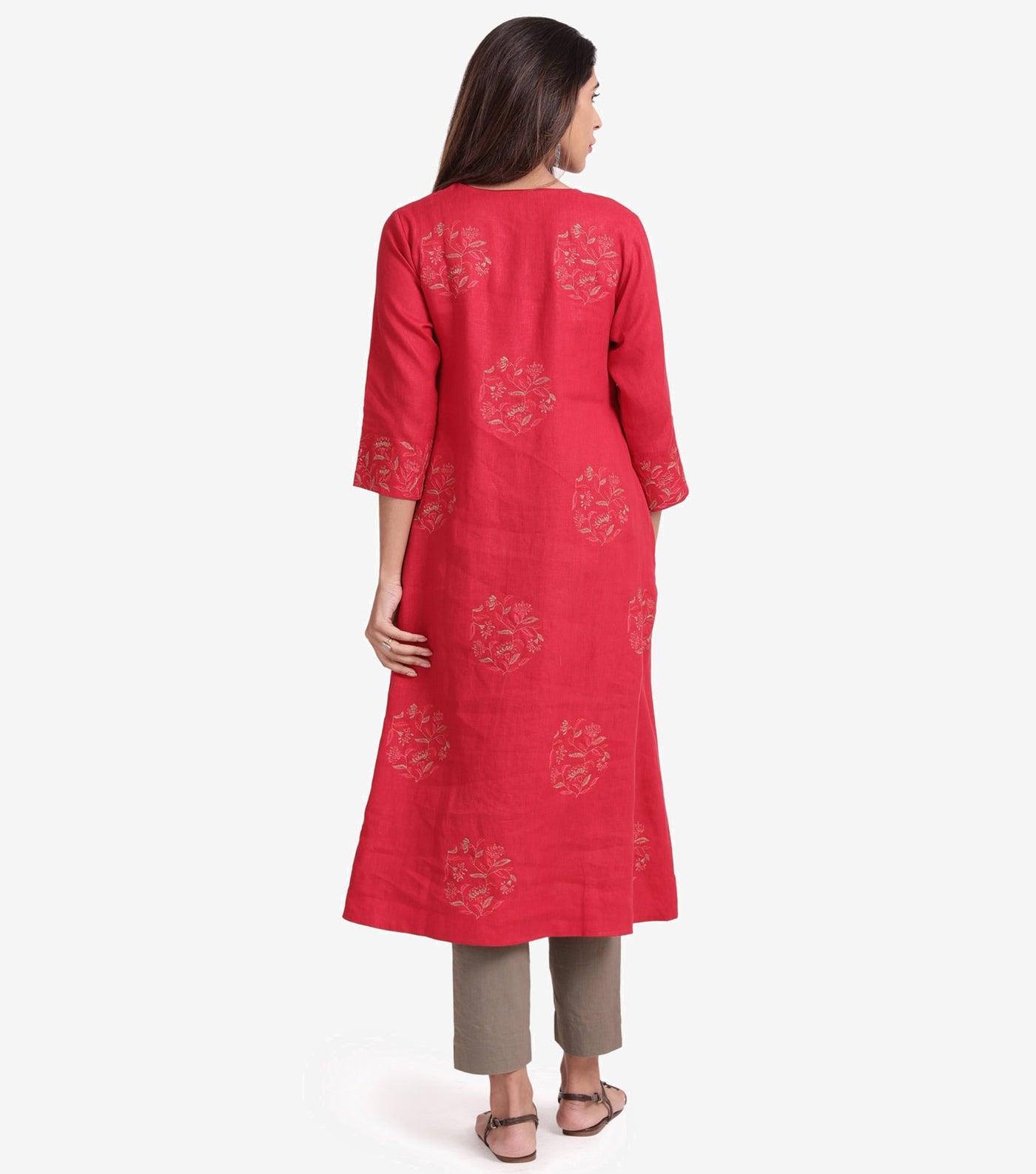 Red linen embroidered kurta