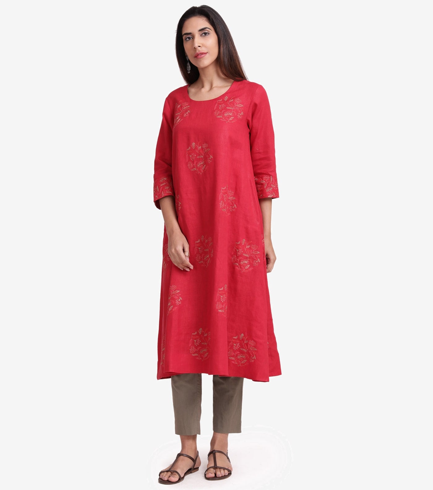 Red linen embroidered kurta