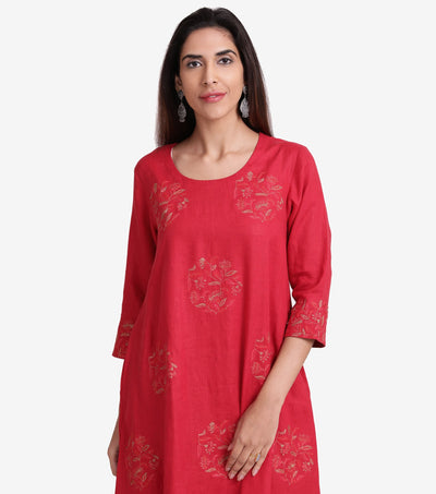 Red linen embroidered kurta