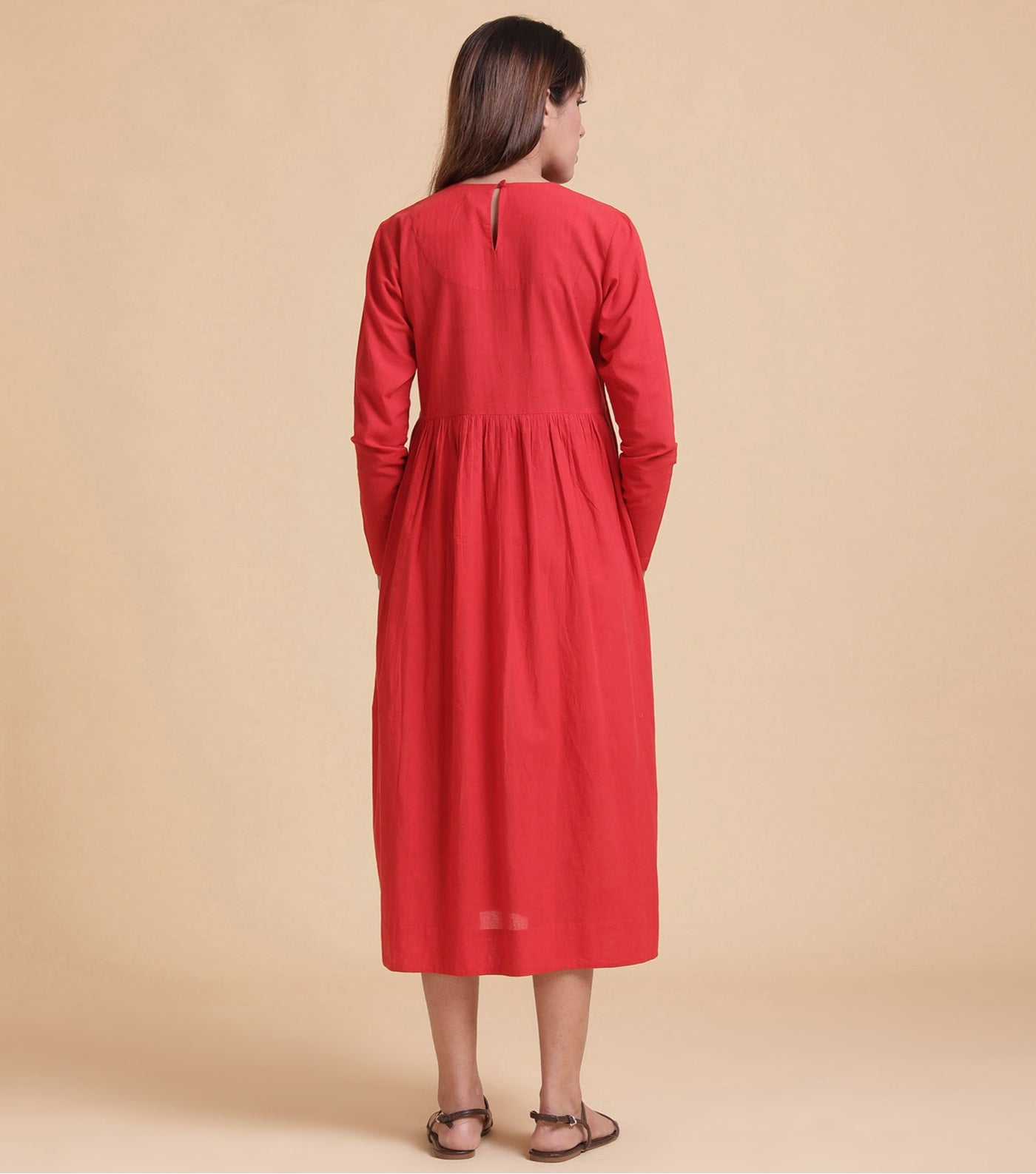 Red pleated cotton dress