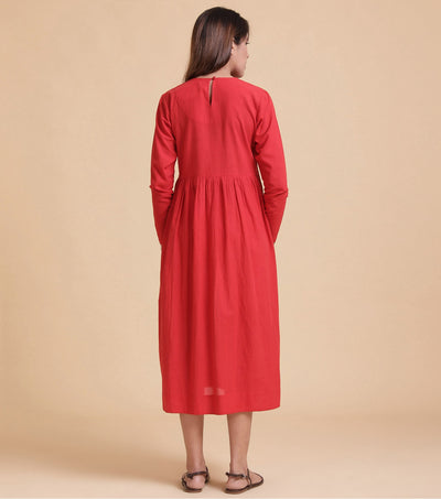 Red pleated cotton dress