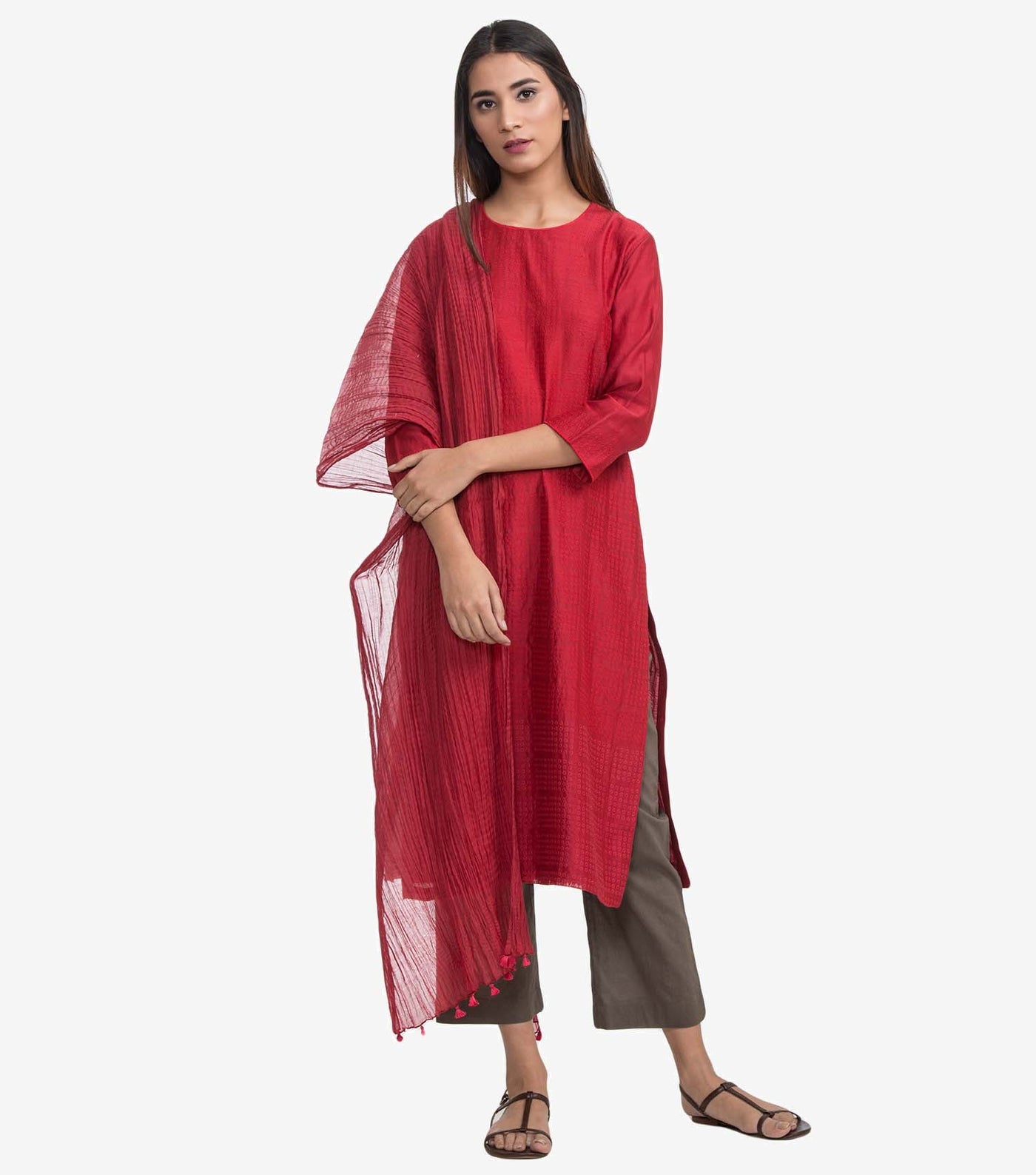 Red embroidered Chanderi Suit Set