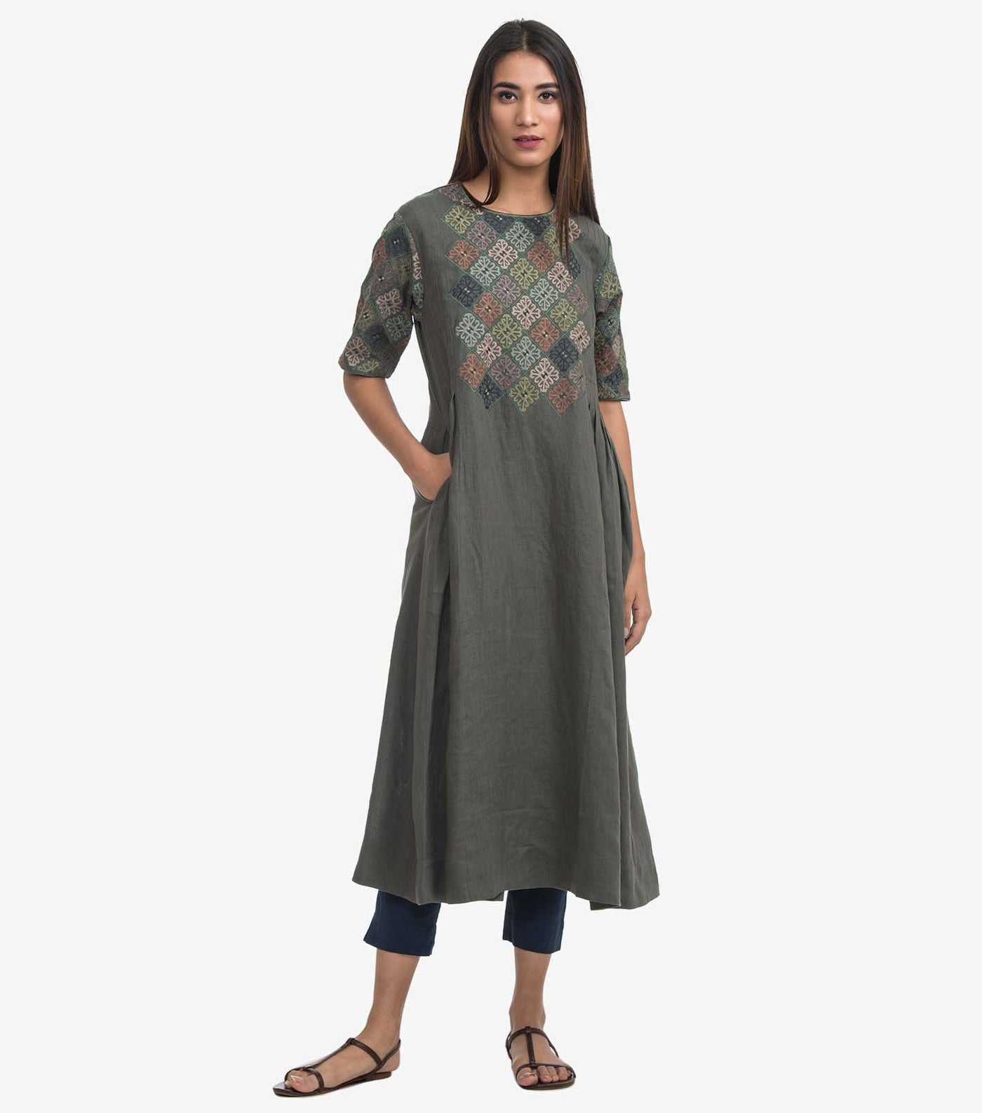 Green linen embroidered Kurta