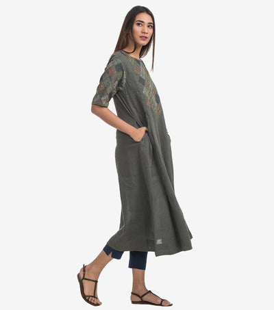 Green linen embroidered Kurta