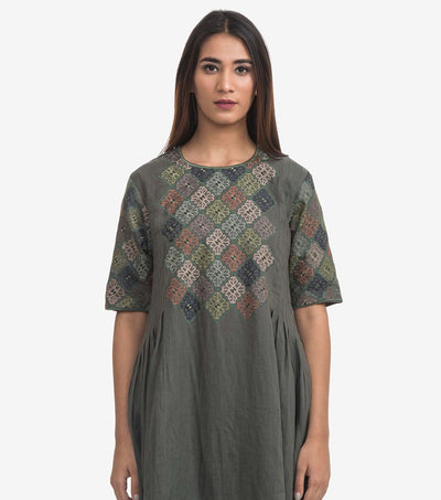 Green linen embroidered Kurta