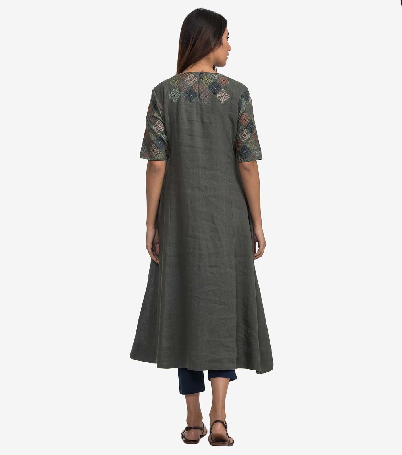 Green linen embroidered Kurta