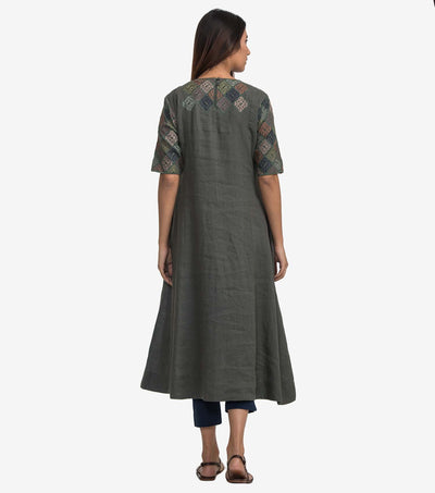 Green linen embroidered Dress