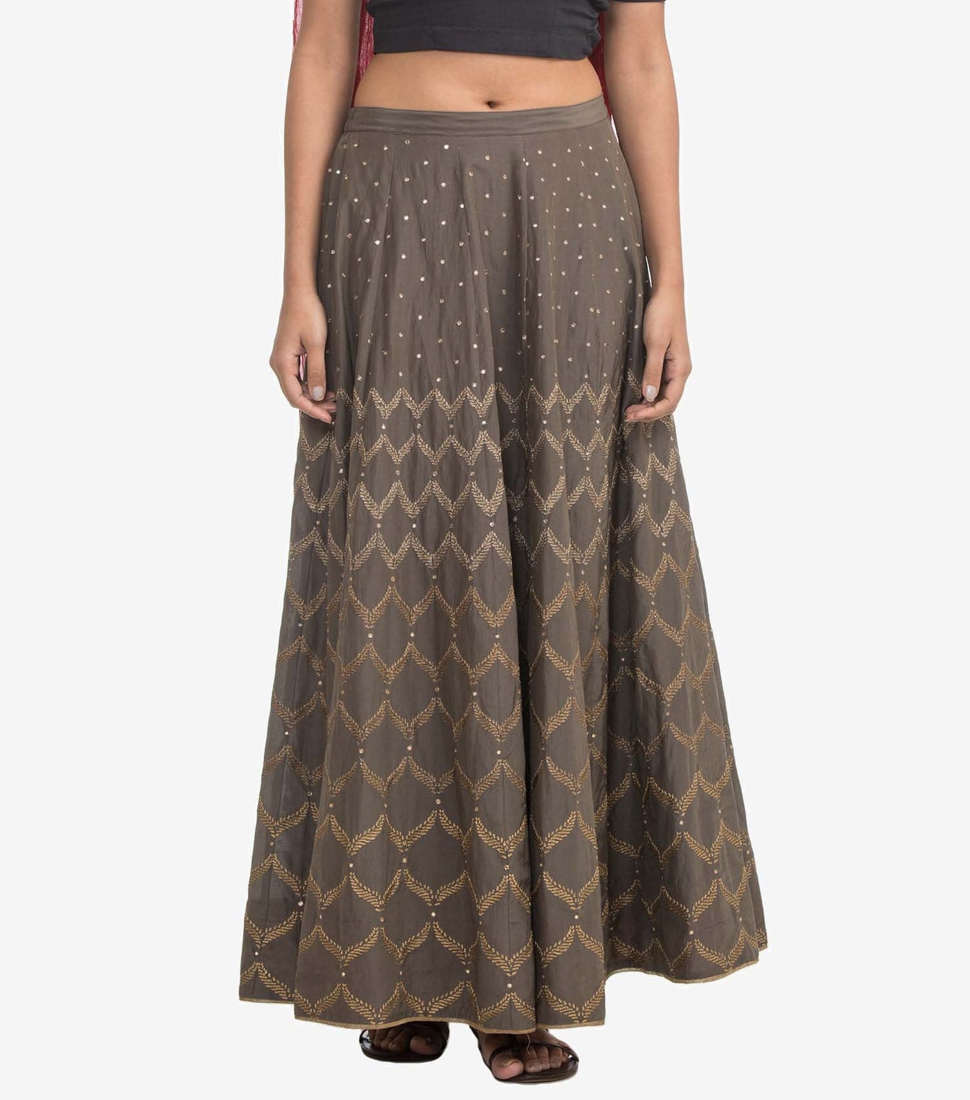 Beige silk embroidered skirt