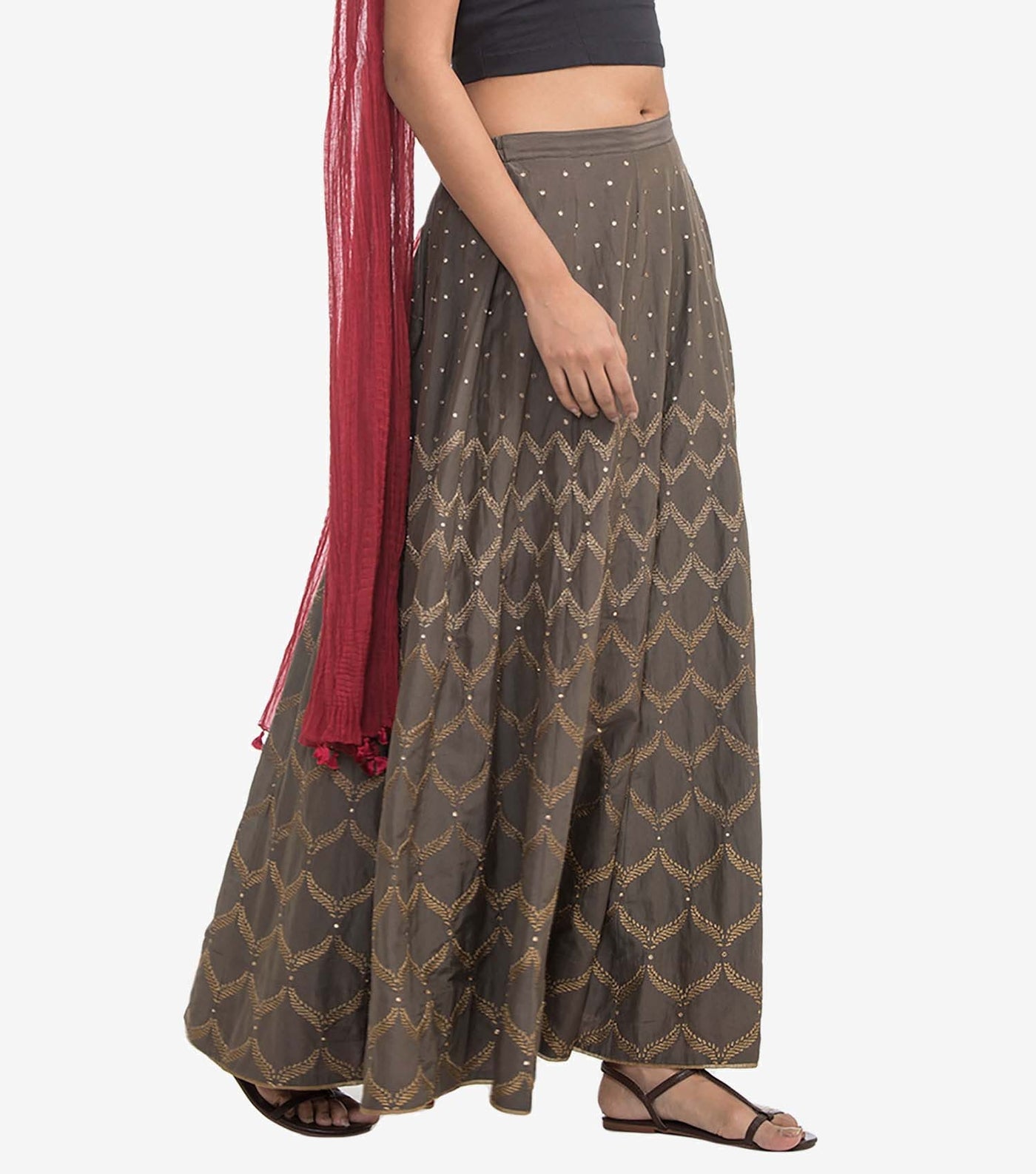 Beige silk embroidered skirt