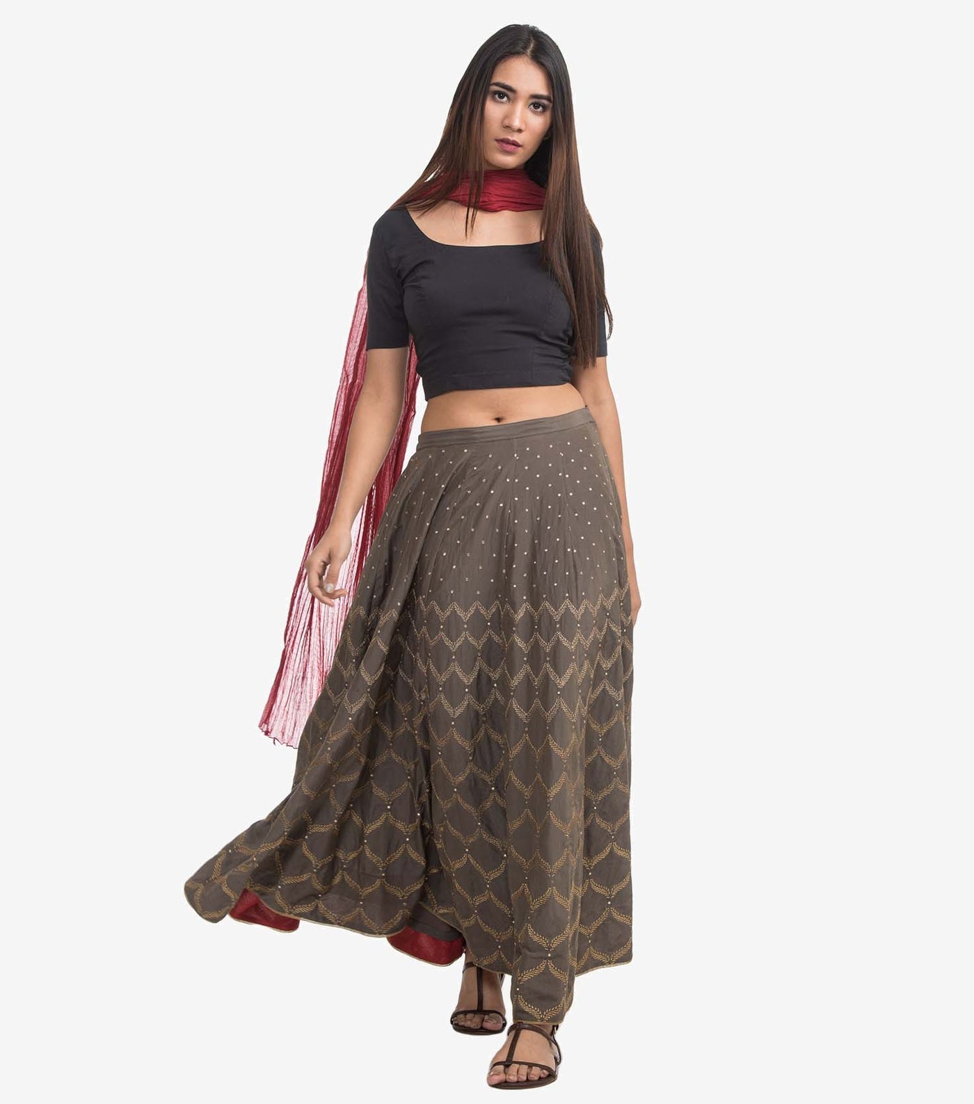 Beige silk embroidered skirt