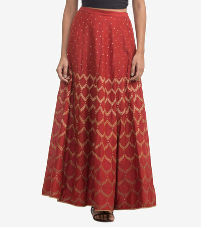 Red silk embroidered skirt