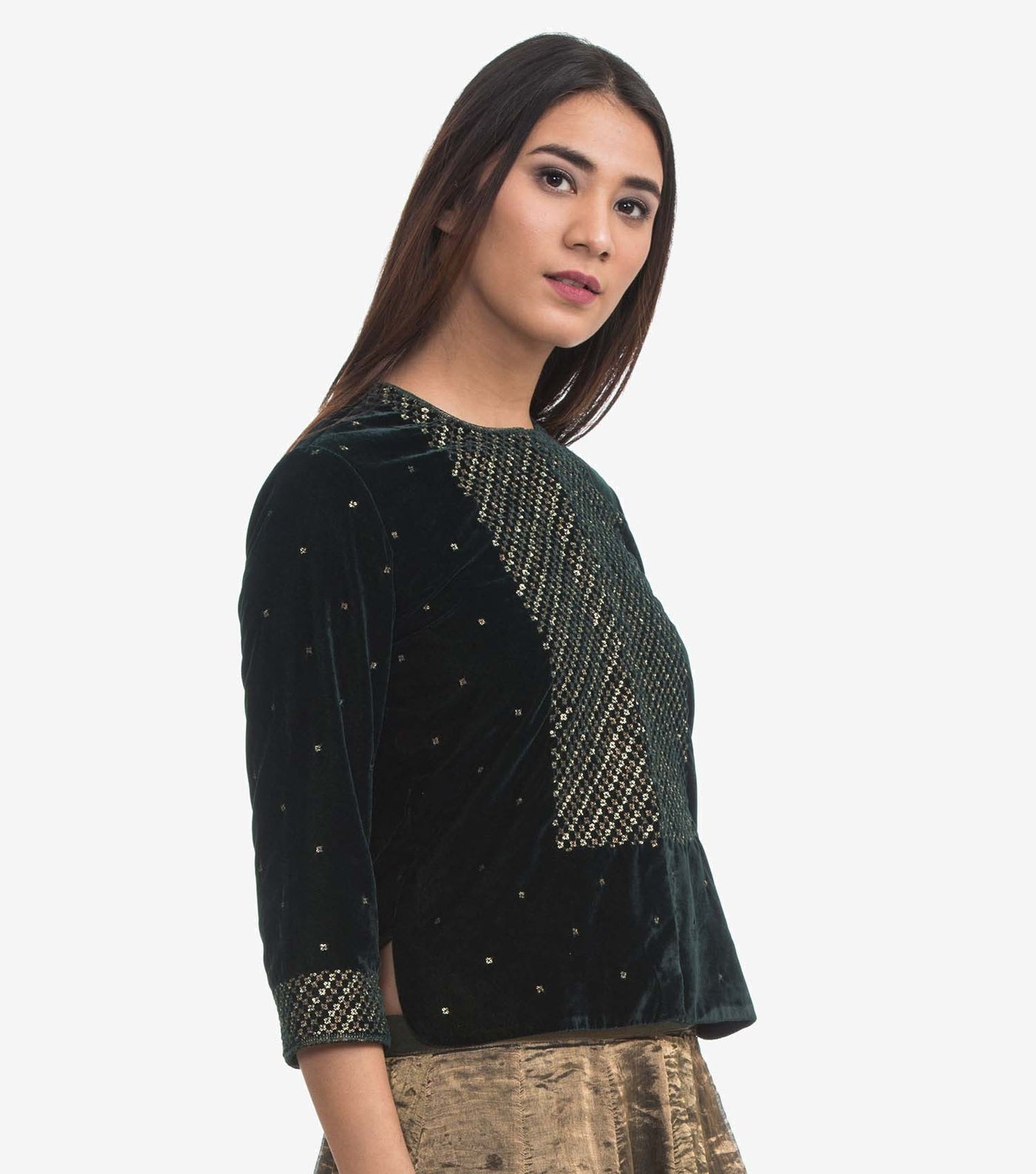 emerald Green embroiderered velvet blouse