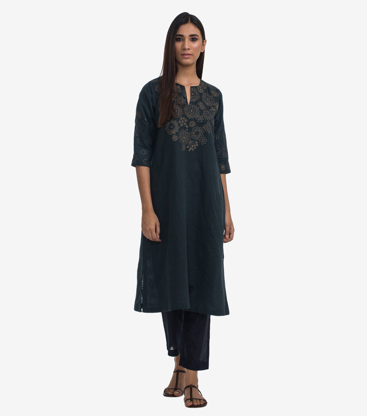 Navy Embroidered Cotton Linen Kurta