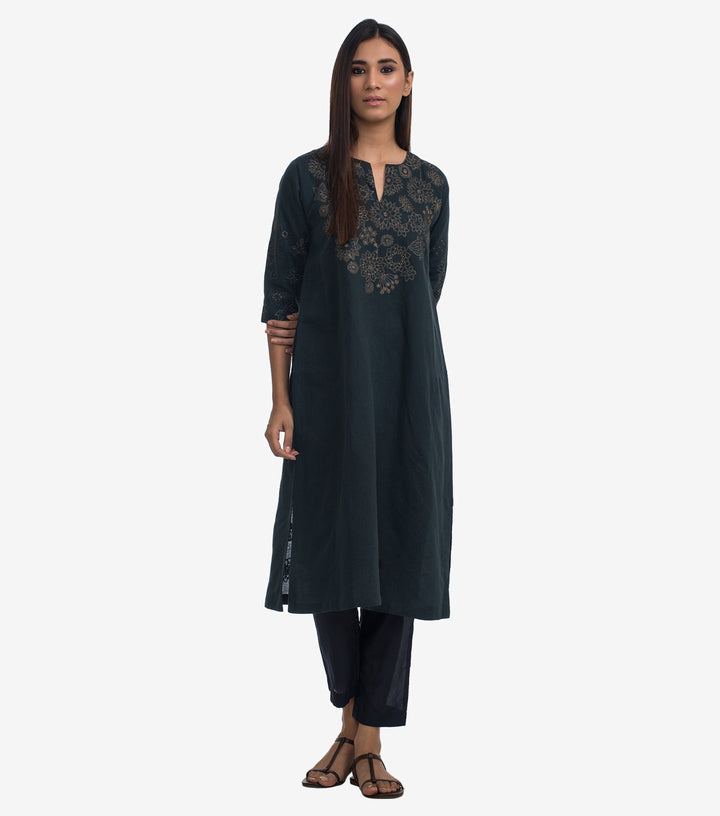 Navy Embroidered Cotton Linen Kurta