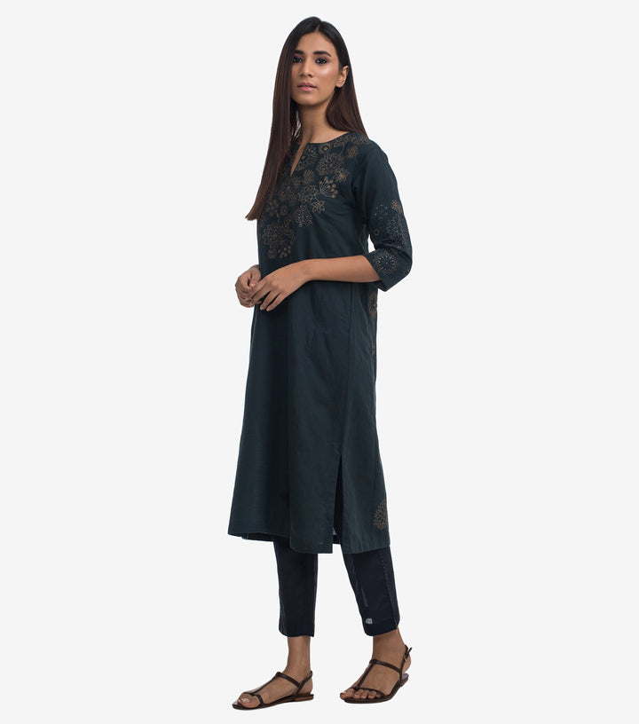 Navy Embroidered Cotton Linen Kurta