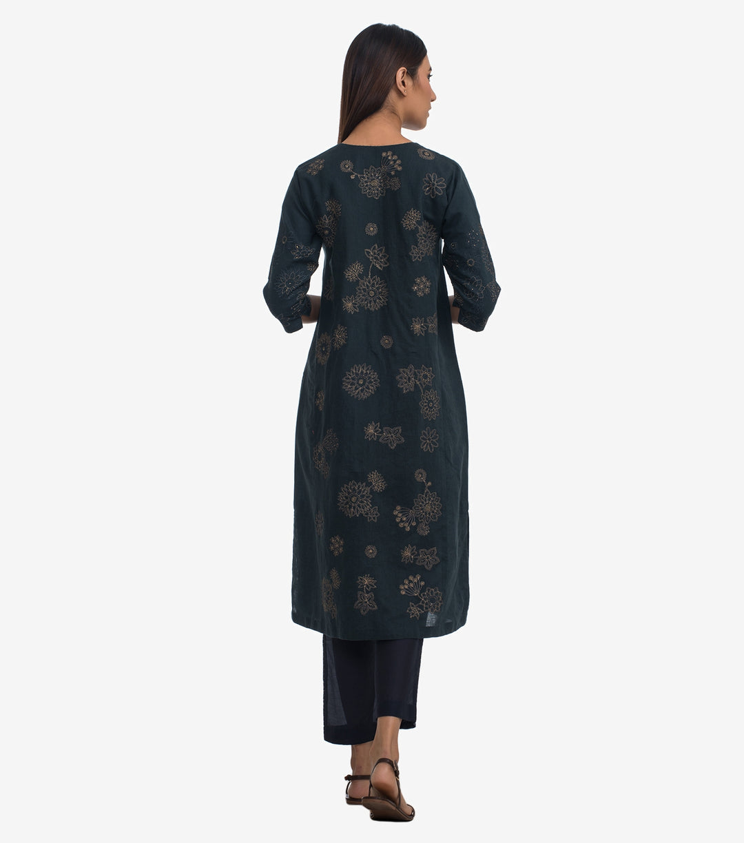 Navy Embroidered Cotton Linen Kurta