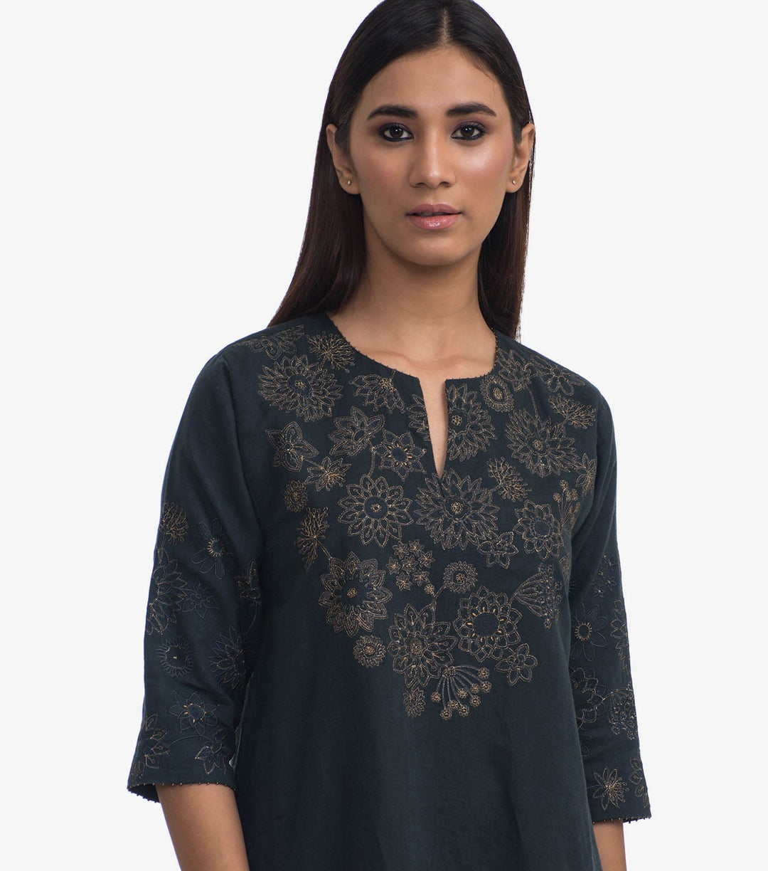 Navy Embroidered Cotton Linen Kurta