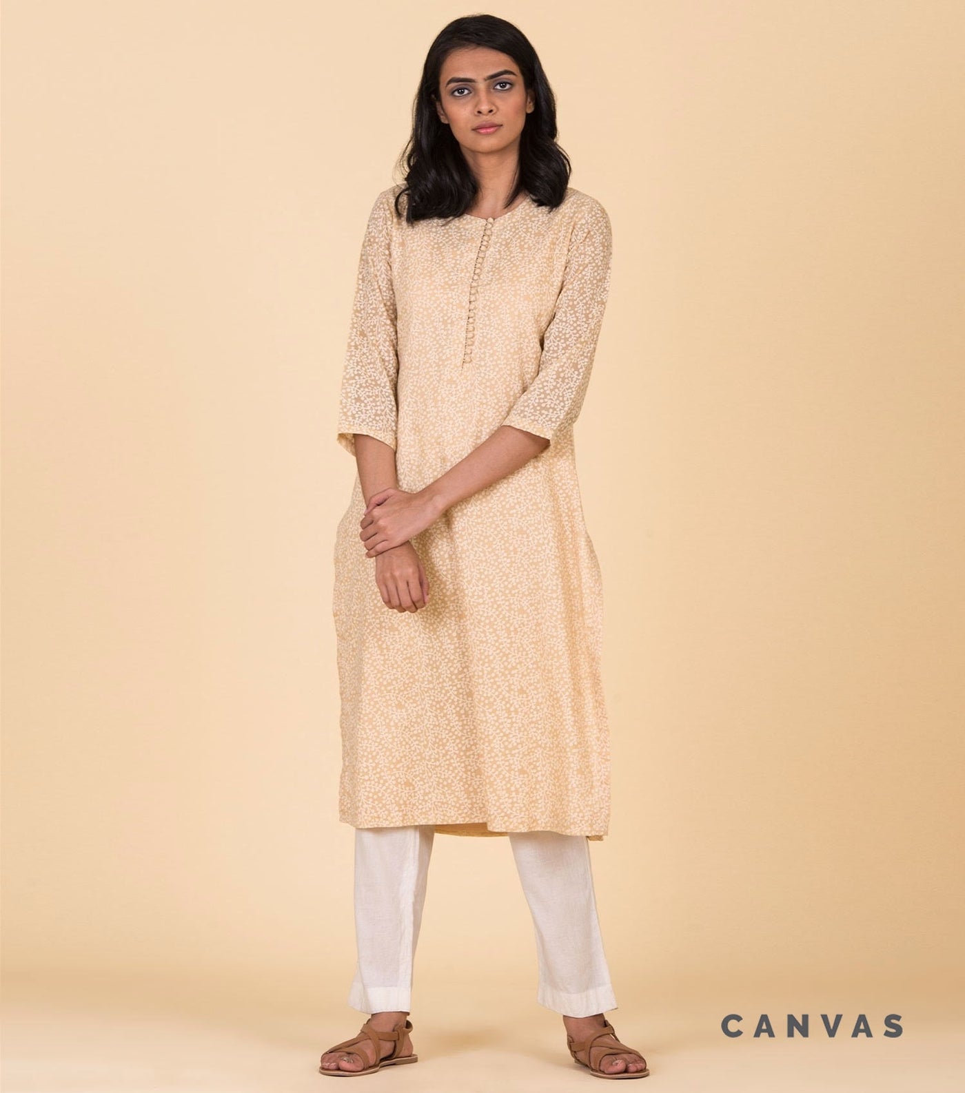 Beige floral printed kurta