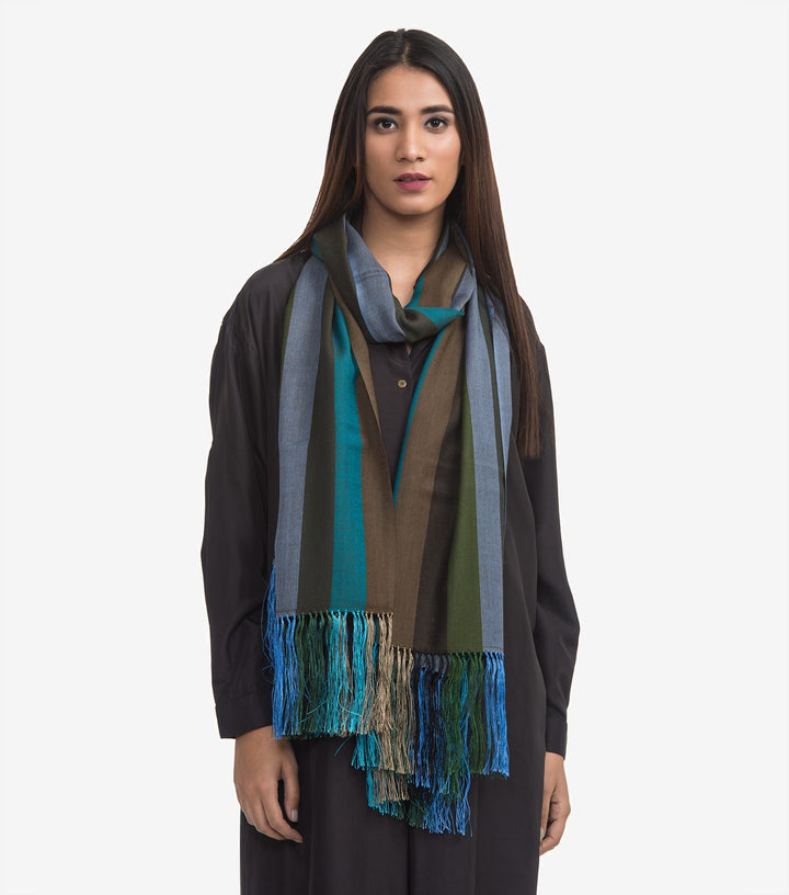 Multi-Coloured Striped Woven Woollen Stole