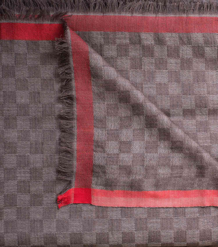 Bright Red & Brown Chequerboard Woven Woollen Stole