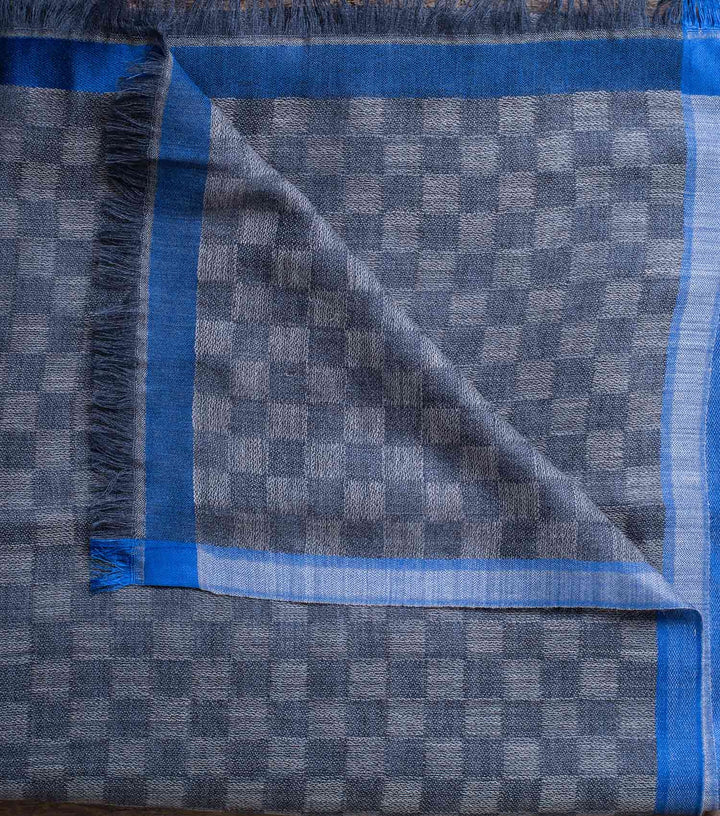 Blue & Grey Chequerboard Woven Woollen Stole