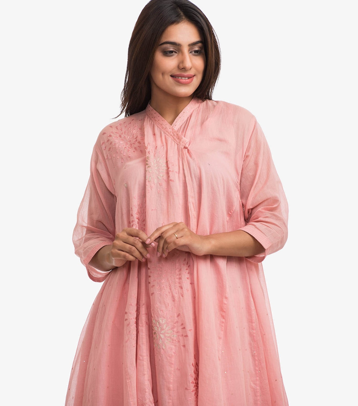Pink Cotton Embroidered Choga