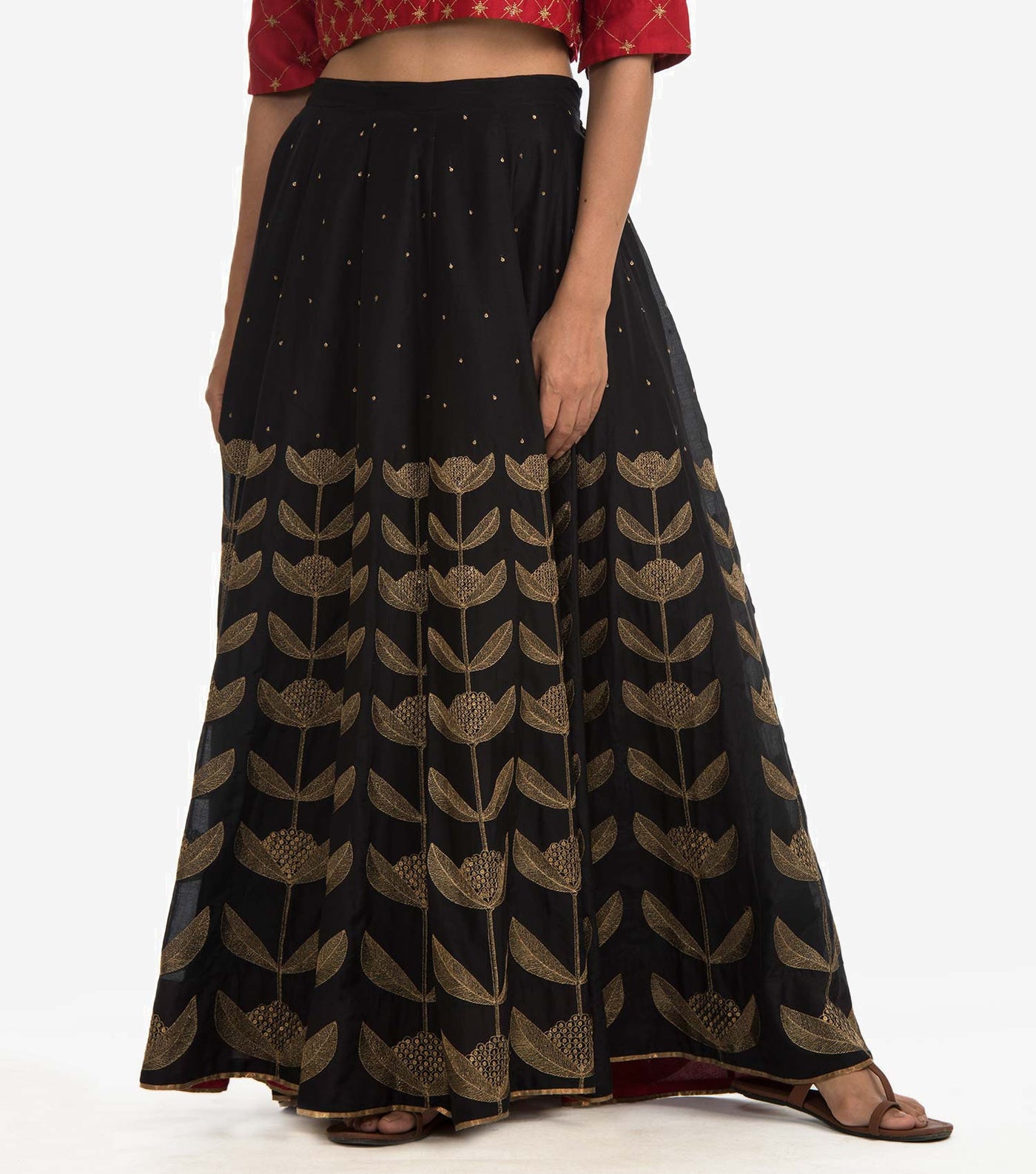 Black cotton silk embroidered Skirt
