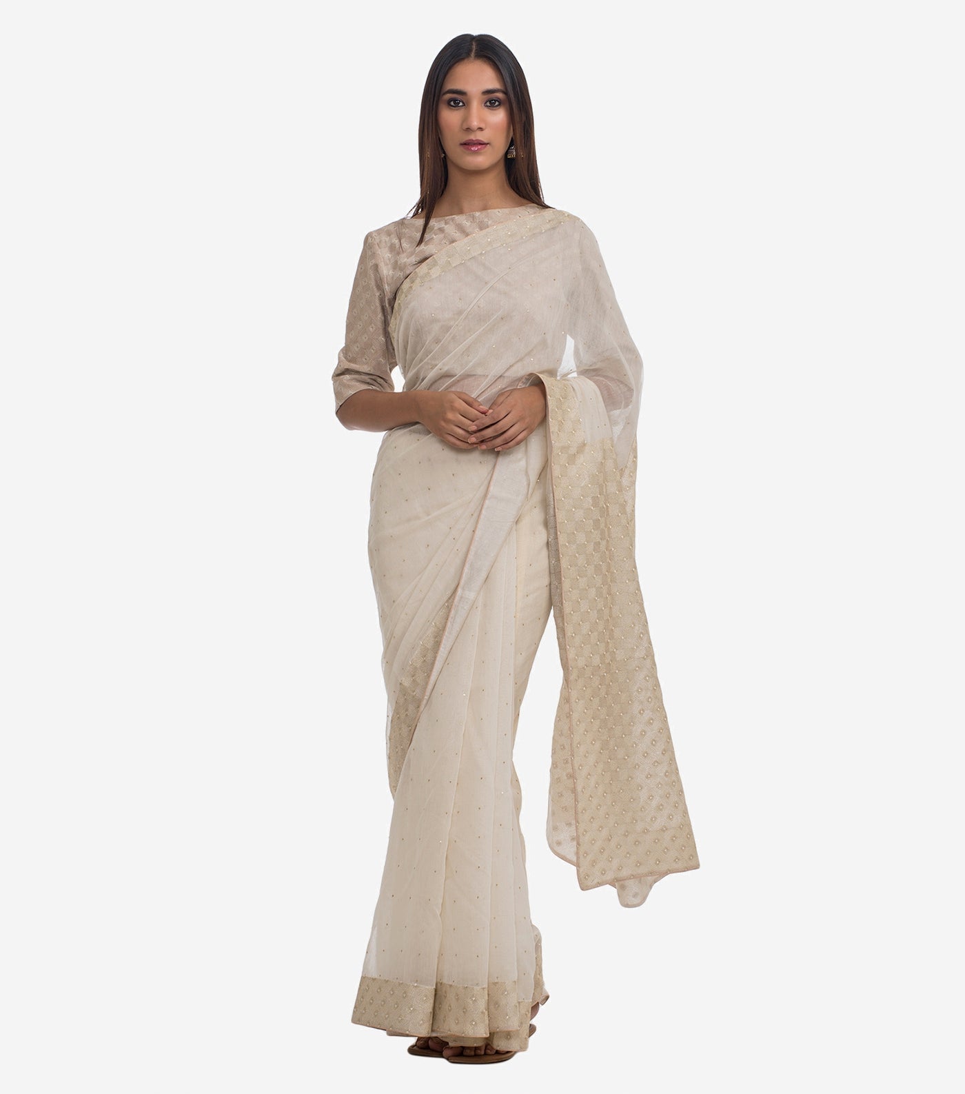 Ivory Embroidered Chanderi Saree