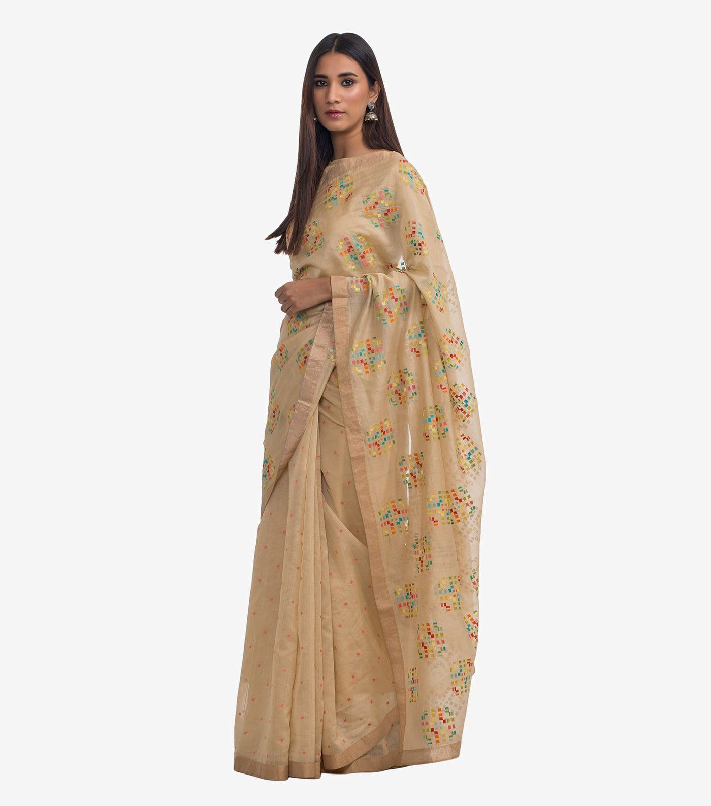 Beige Embroidered Chanderi Sari