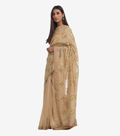Beige Embroidered Chanderi Sari