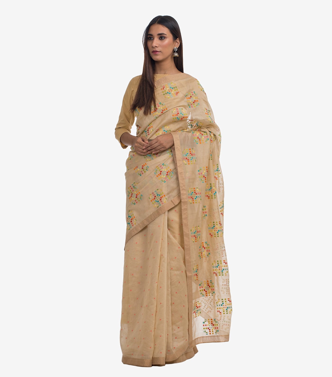 Beige Embroidered Chanderi Saree