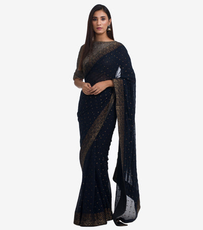 Navy Blue Georgette Embroidered Saree