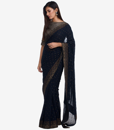 Navy Blue Georgette Embroidered Saree