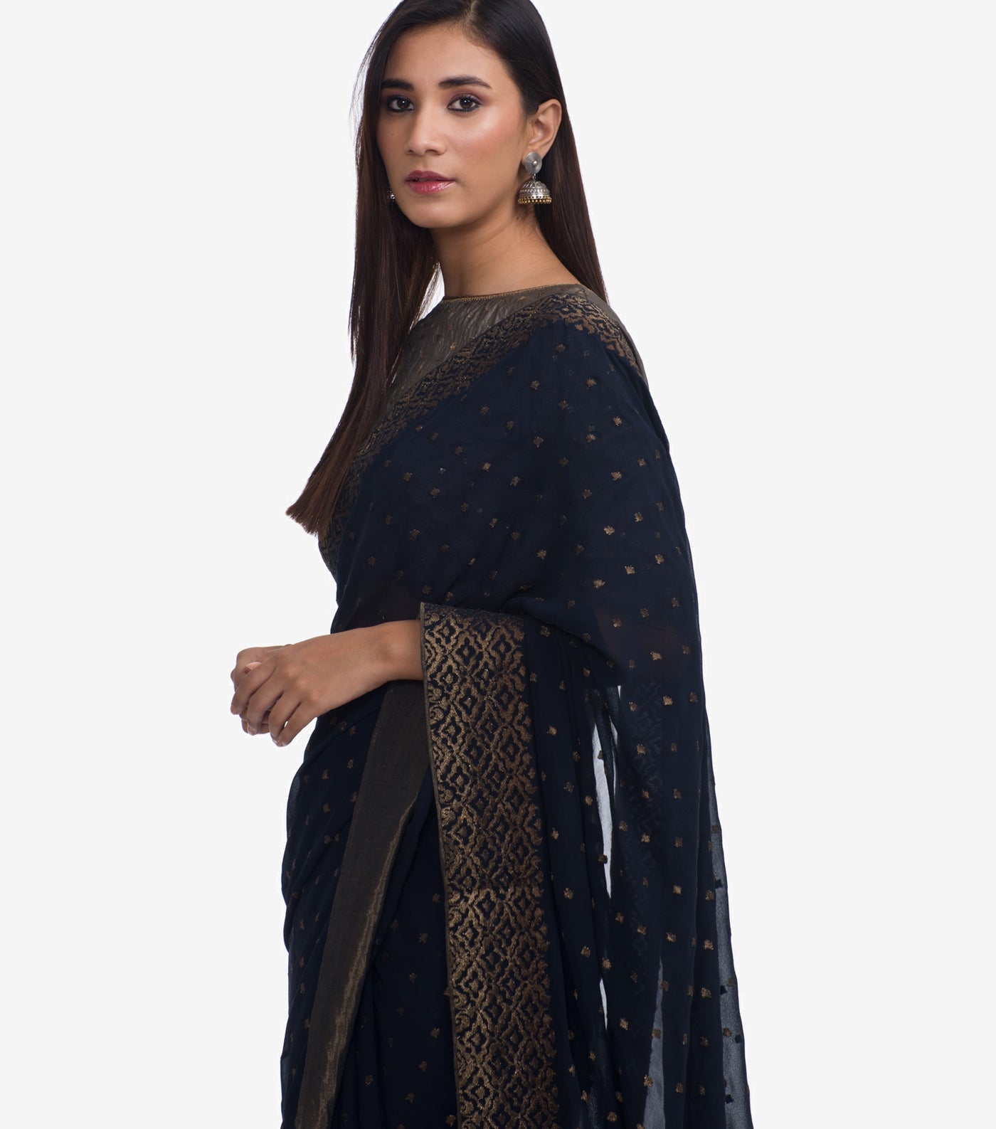 Navy Blue Georgette Embroidered Saree