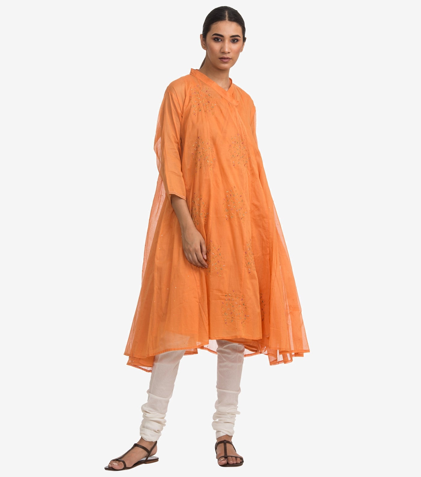 Orange fine cotton embroidered choga