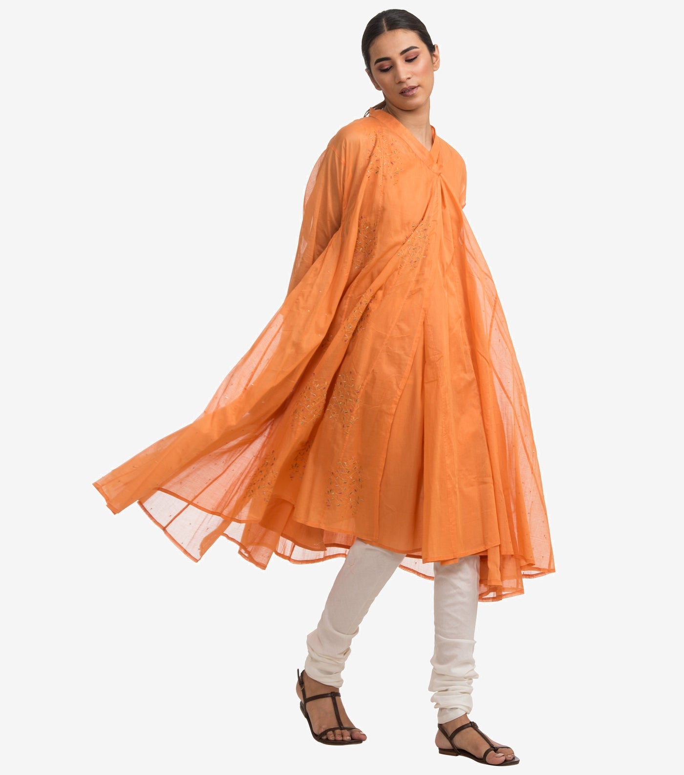 Orange fine cotton embroidered choga