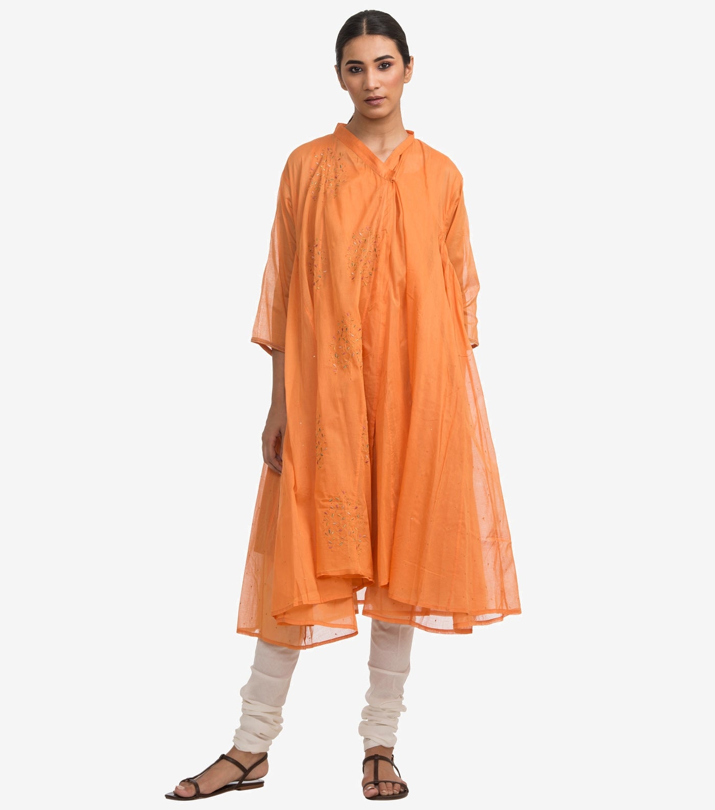 Orange fine cotton embroidered choga