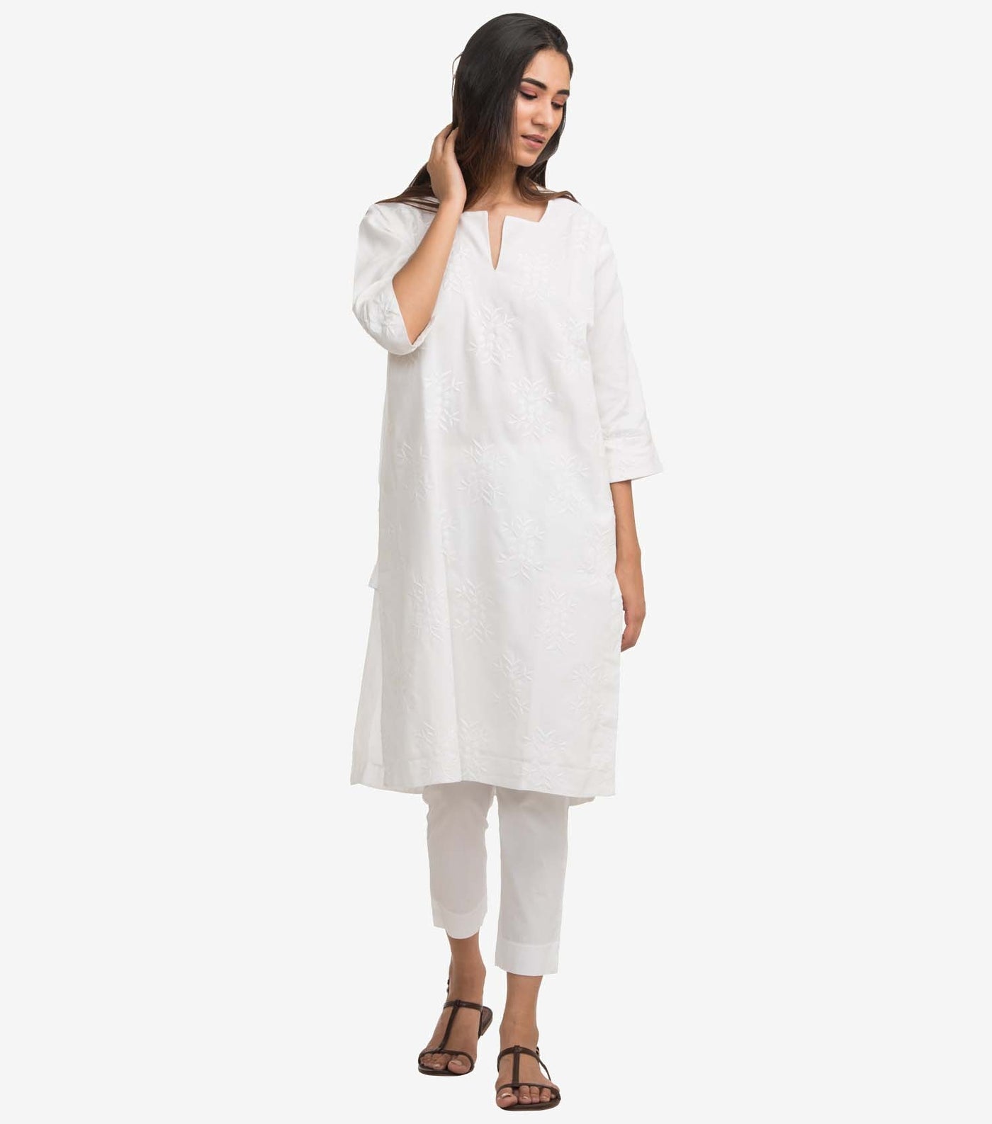White cotton embroidered kurta